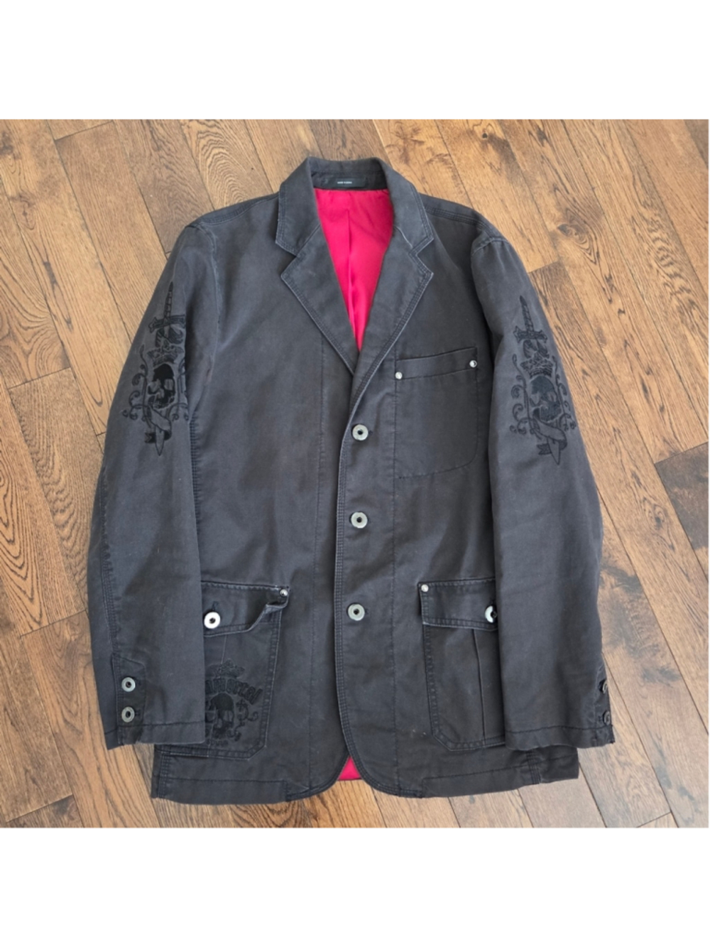 Express Mens 2008 Immortal Charcoal Coat with Embroidered Skulls & Dagger Small